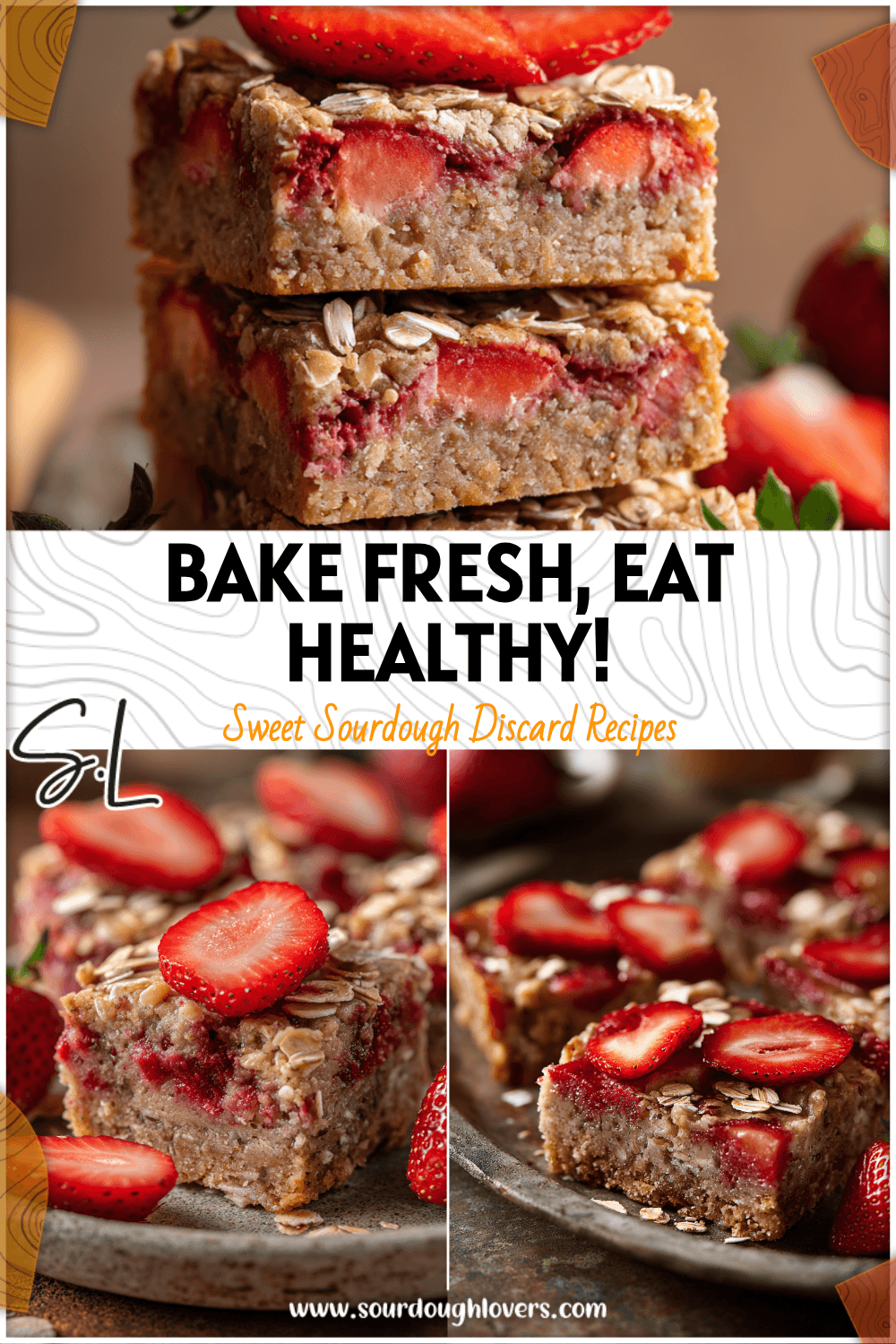 Golden sourdough strawberry breakfast bars topped with fresh slices and oats on a rustic tray 26